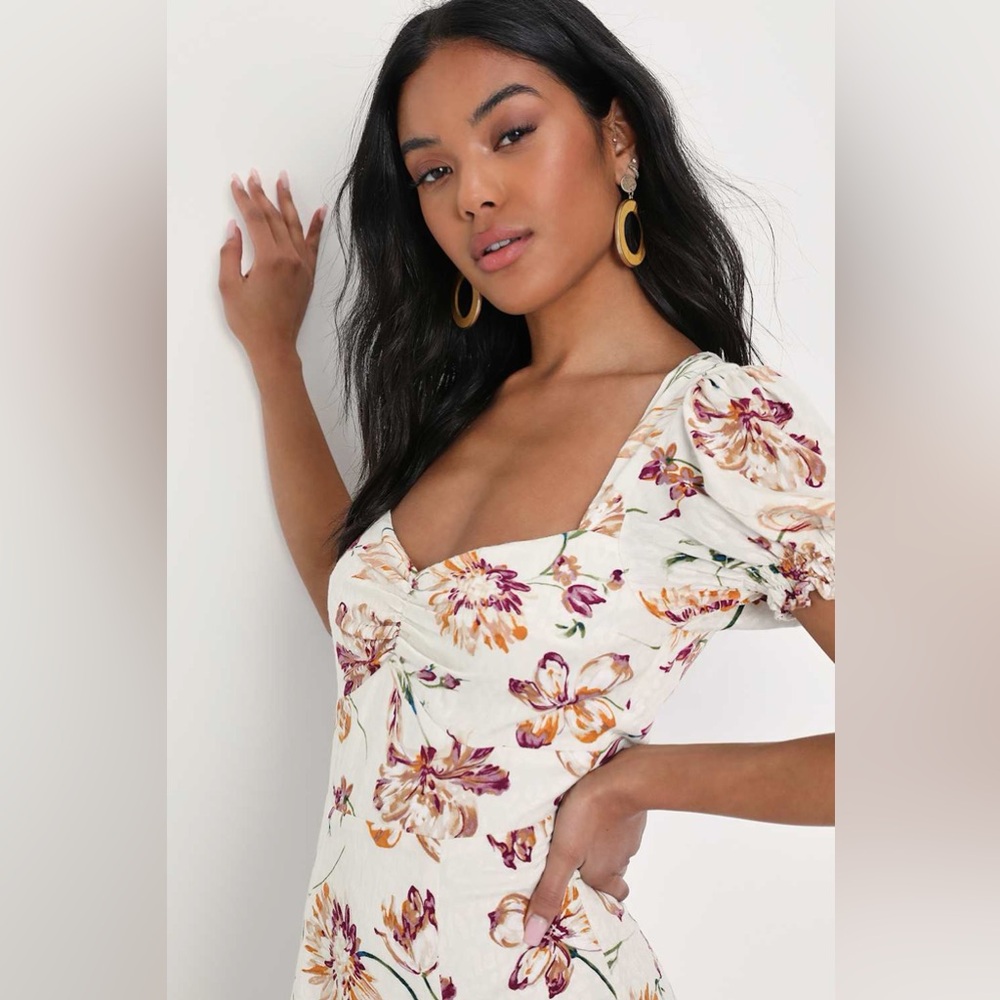 Lulus Parisian Picnic Cream Floral Jacquard Puff Sleeve Midi Dress - Picture 2 of 7